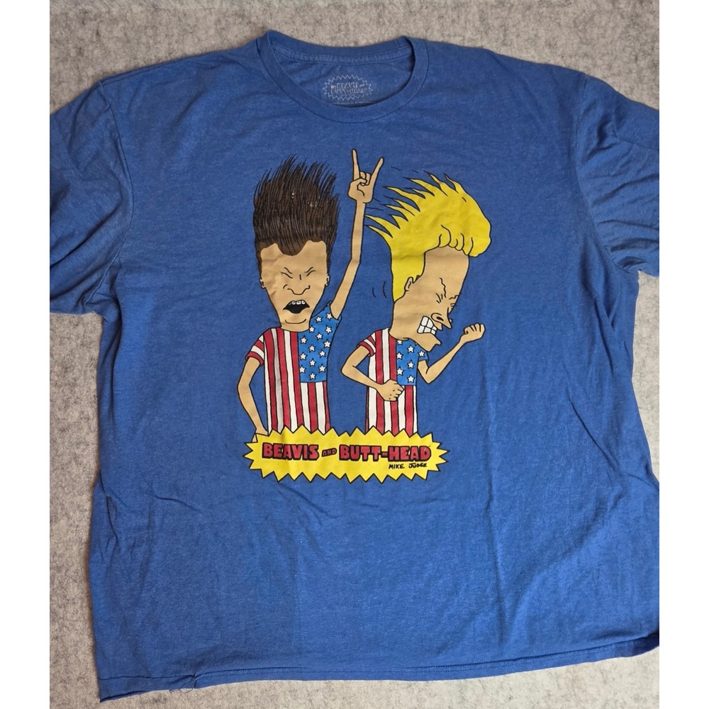 Beavis and Butt-Head Mens 2XL Blue Graphic T-Shirt MTV Mike Judge Rock On Tee